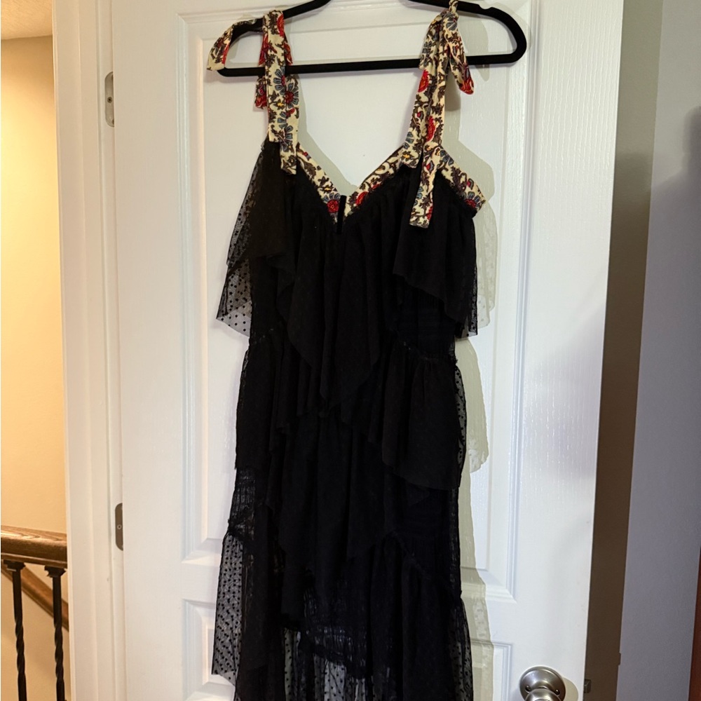 Free People Black Ruffled Dress with Floral Straps